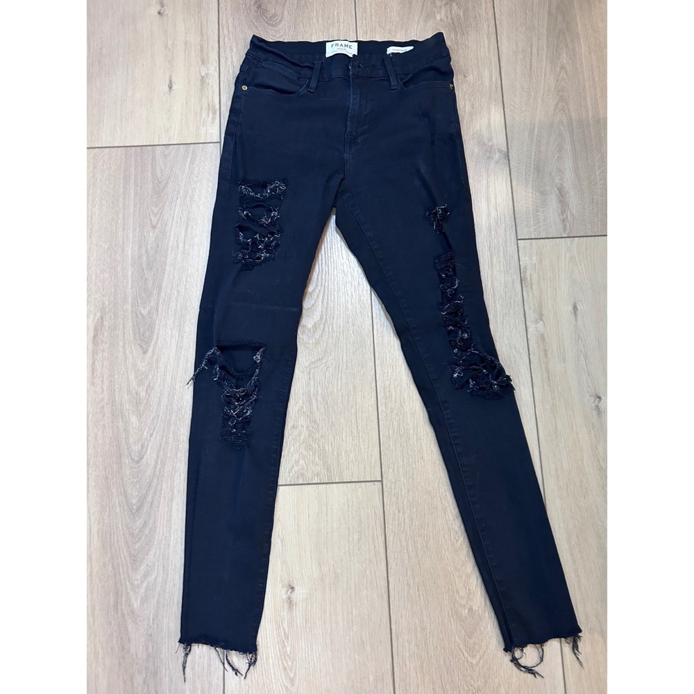 Frame Denim Le High Skinny Black Distressed Shredded Jeans High Rise Size 26